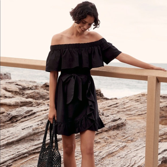 Seed Heritage Dresses & Skirts - SEED HERITAGE Black ‘Off Shoulder Frill dress’, cotton linen blend, wrap, Size 6